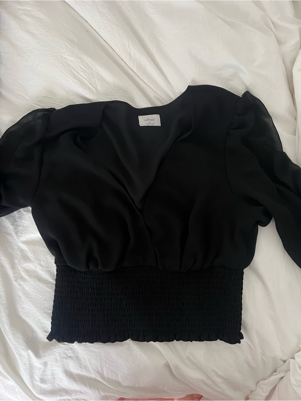 Aritzia Black Puff-Sleeve Smocked-Waist Blouse